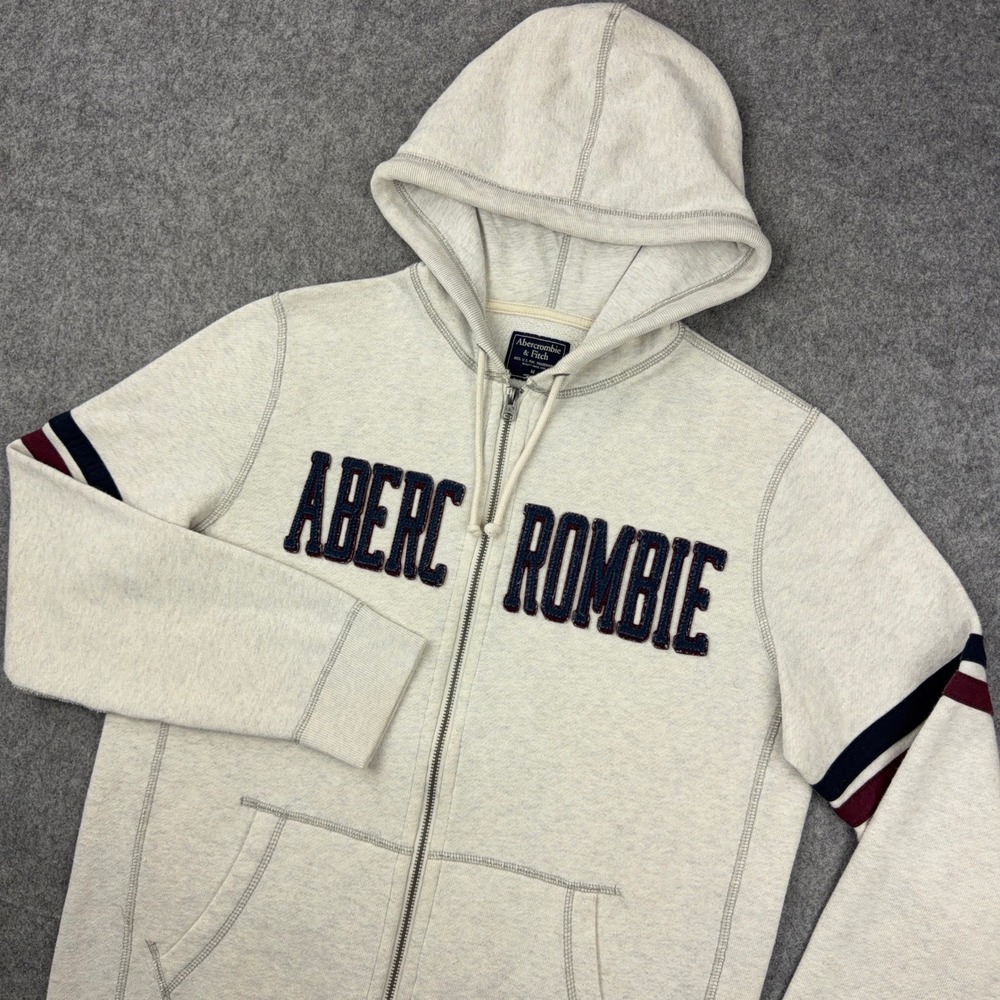 Abercrombie Fitch Hoodie Mens Medium Cream Full Zip Spellout Sweatshirt Striped